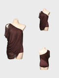 DANCE QUEEN 1089-3 Chocolate Off Shoulder Pleated Ballroom Practice Dance Sport Leotard