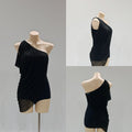 DANCE QUEEN 1089 Black Off Shoulder Pleated Ballroom Practice Dance Sport Leotard