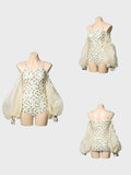 DANCE QUEEN 1091-3 Aloe Vera Green Off Shoulder Lantern Sleeve Ballroom Practice Dance Sport Leotard