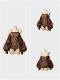 DANCE QUEEN 1091-4 Chocolate Dots Off Shoulder Lantern Sleeve Ballroom Practice Dance Sport Leotard