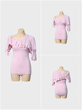 DANCE QUEEN 1096-5 Sugar Pink Off Shoulder Ruffled Ballroom Practice Dance Sport Leotard
