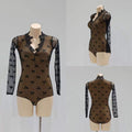 DANCE QUEEN 1097 Lace V Neck Long Sleeve  Practice Dance Sport Wide Leg Ballroom Leotard