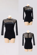DANCE QUEEN 1101 Black Round Neck Lace Patch Ballroom Practice Dance Sport Leotard