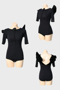 DANCE QUEEN 1103 Black Designer corsage with backless velvet ruffle trim Practice Dance Sport Ballroom leotard