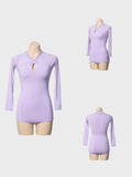 DANCE QUEEN 1107-2 Taro Purple Lace Neck Hollow Long Sleeve Ballroom Practice Dance Sport Leotard