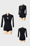 DANCE QUEEN 1107 Classic Black Lace Neck Hollow Long Sleeve Ballroom Practice Dance Sport Leotard