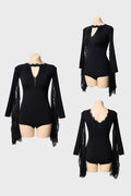 DANCE QUEEN 1110 Classic Black Hollow V Neck Lace Float Practice Dance Sport Leotard