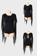 DANCE QUEEN 1113 Black Round Neck Short Sleeves Openwork Mesh Back Practice Dance Sport Ballroom Leotard