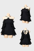 DANCE QUEEN 1124 Classic Black Halter Neck Lantern Sleeve Practice Dance Sport Chiffon Leotard