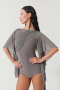 DANCE QUEEN 1173-4 Gray Pleats Mesh Big Floats Ballroom Practice Dancing Leotard
