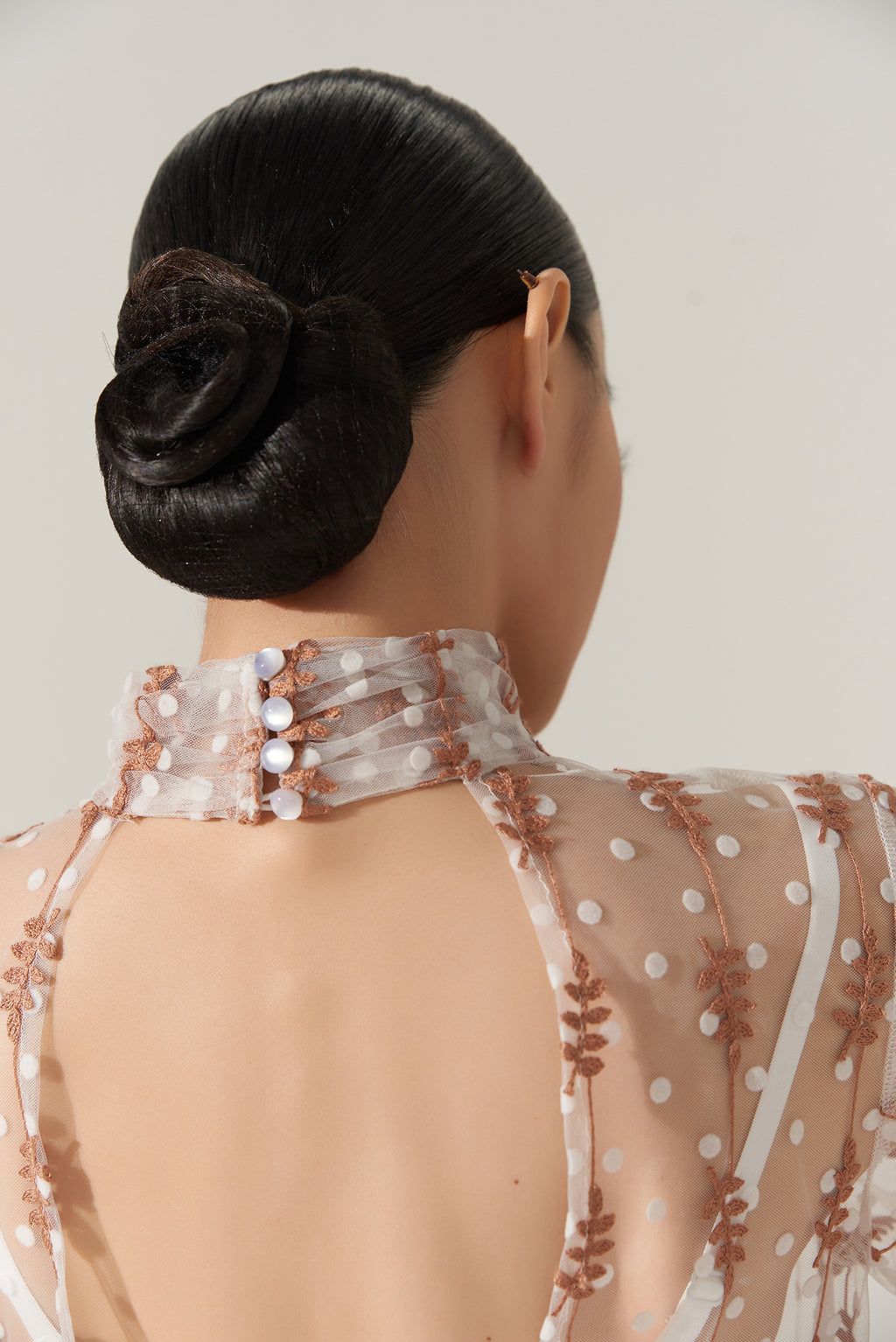 DQ-498 Mock Neck Floral Embroidery Mesh Leotard