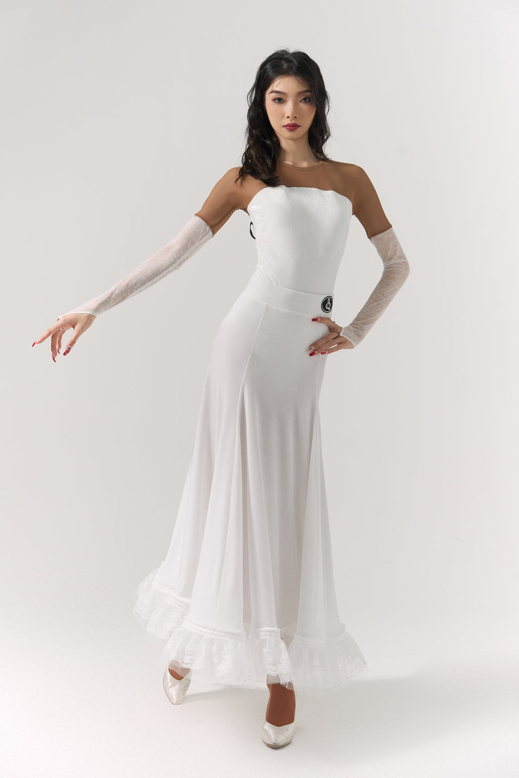 DQ-374 Velvet Lace Trim Godet Skirt