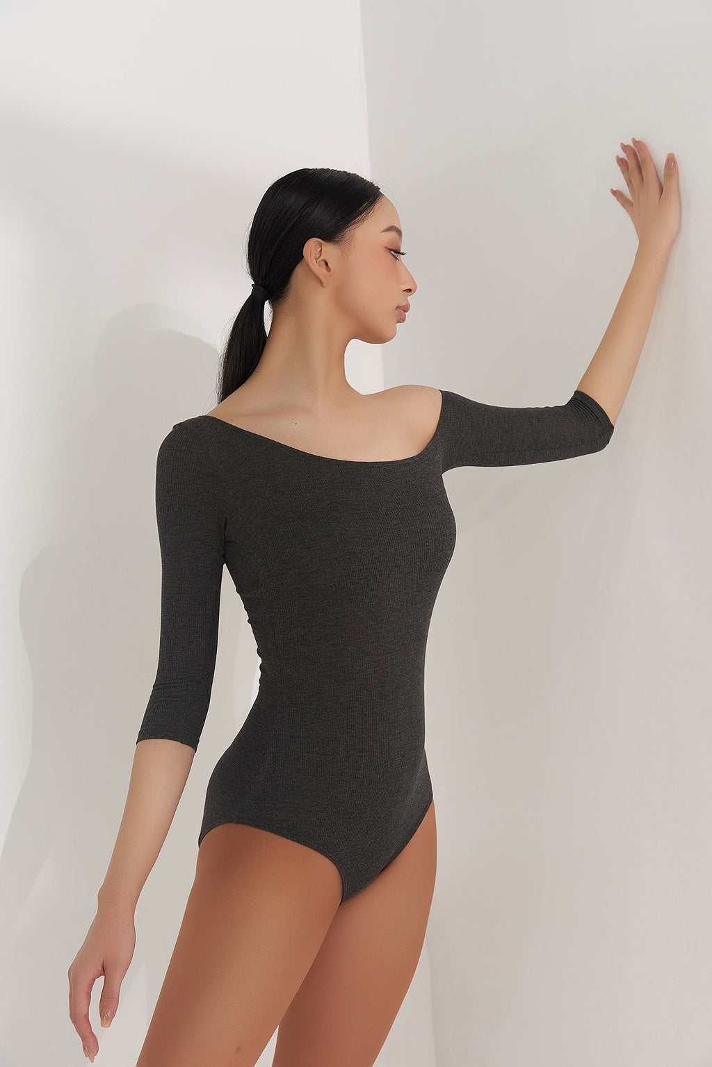 DANCE QUEEN 011 DANCE QUEEN Asymmetrical 3/4 Sleeve Ribbed Leotard