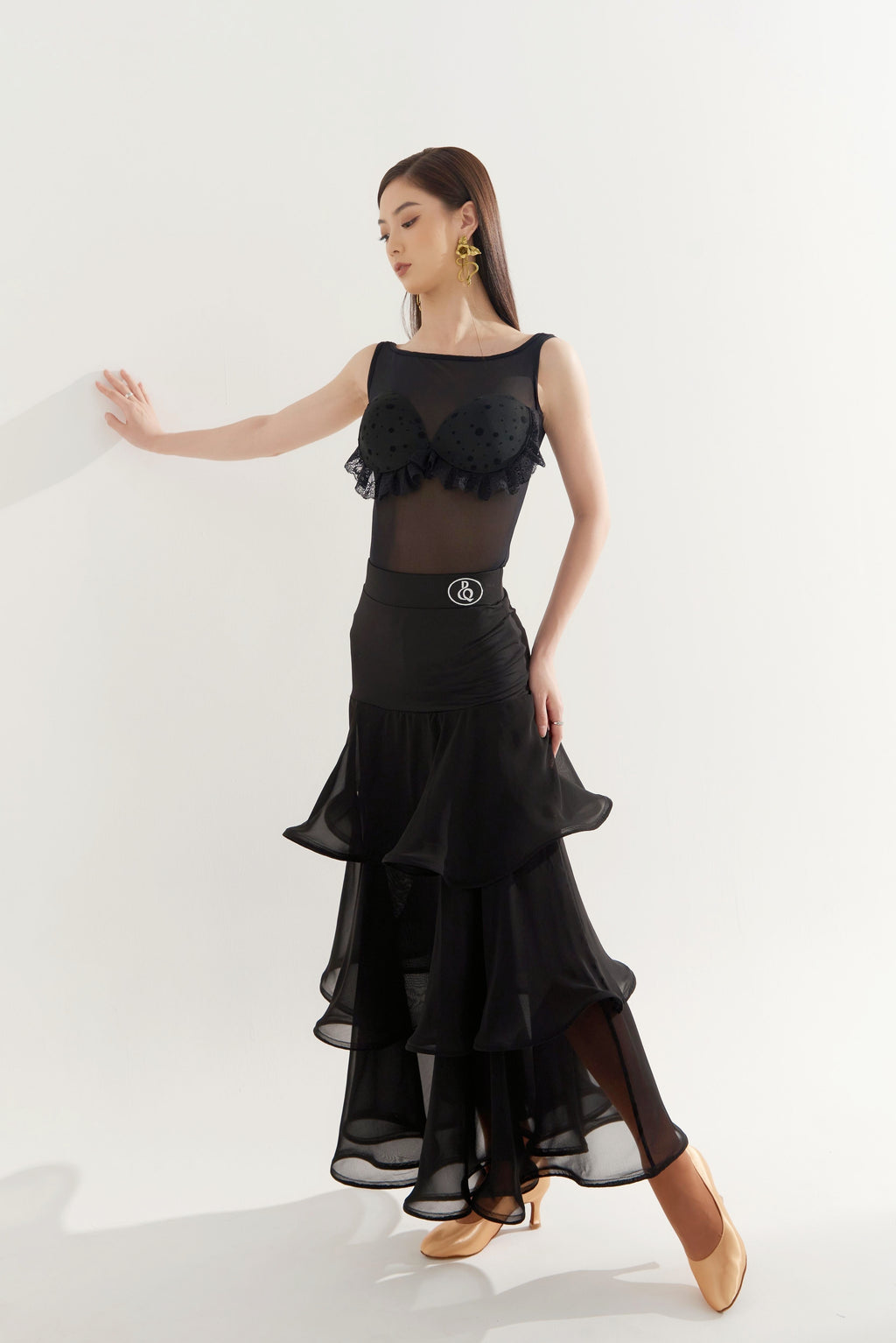 DQ-322 Black Layered Organza Ruffle Hem Skirt