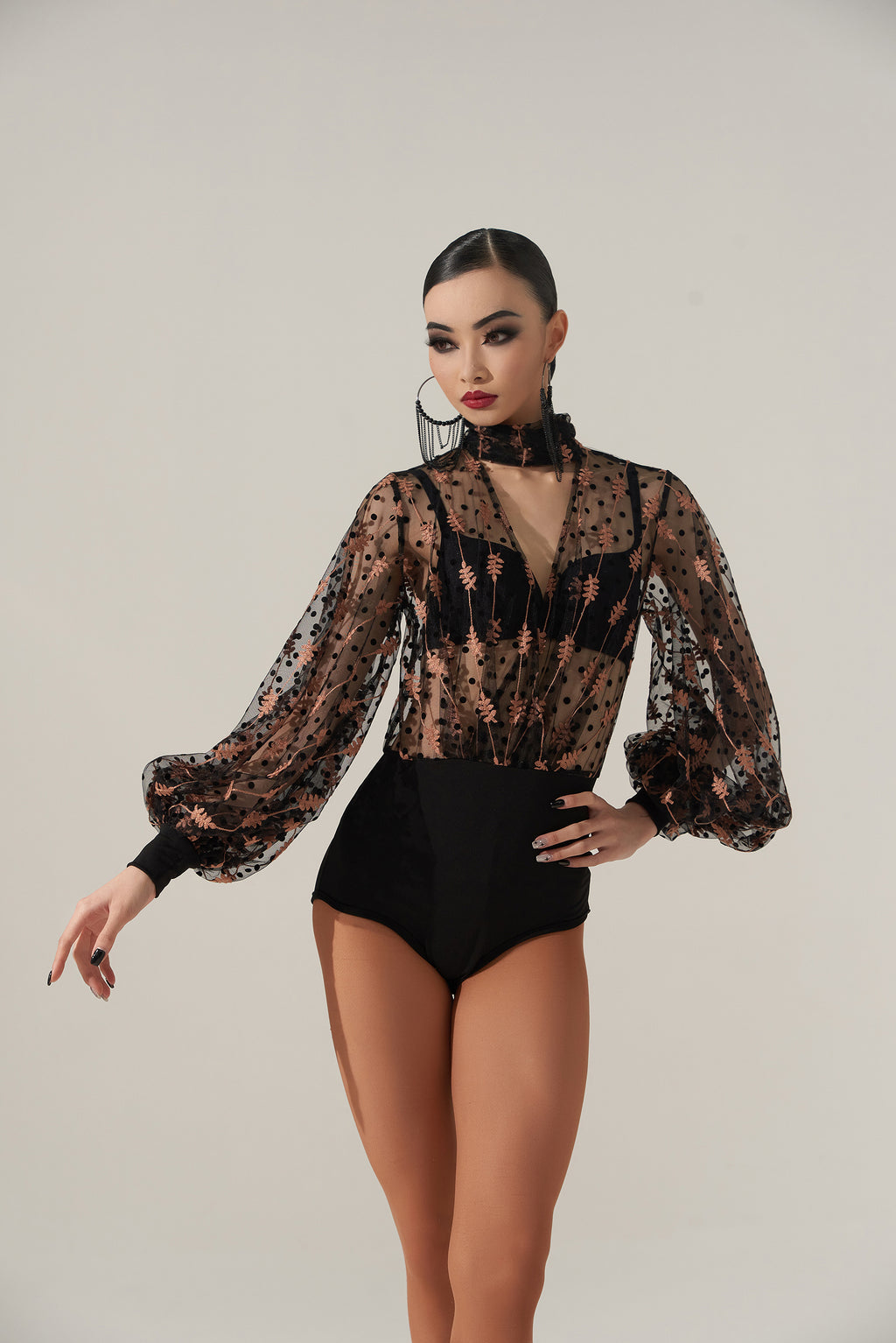 DQ-498 Mock Neck Floral Embroidery Mesh Leotard