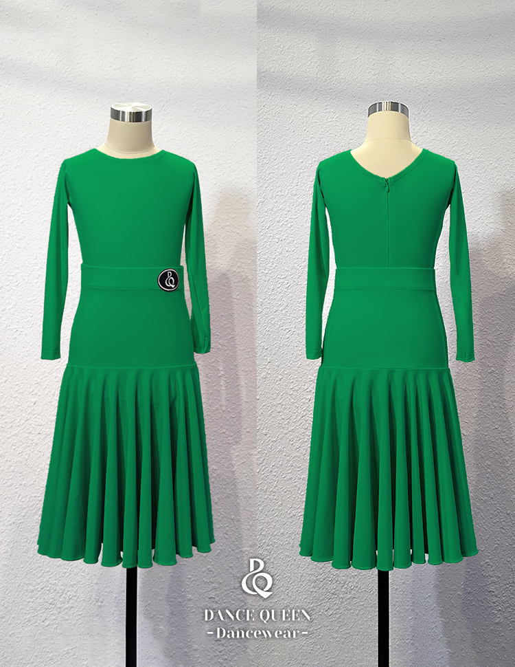 DANCE QUEEN 2328-8 Kid Pleated long Sleeve Sea Green Latin Dress