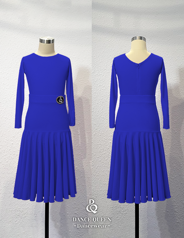 DANCE QUEEN 2328-2 Kid Pleated long Sleeve International Klein Blue Latin Dress