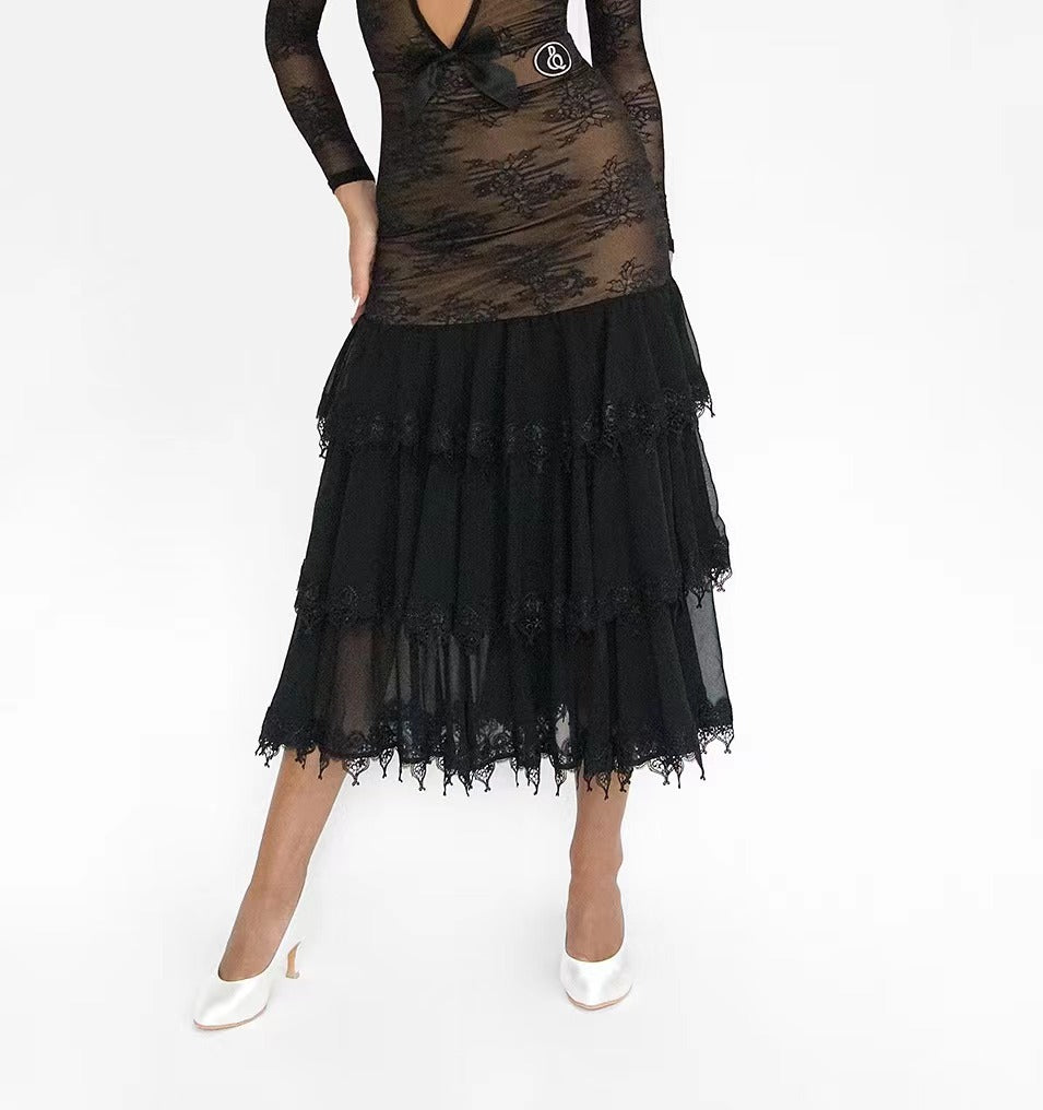 DANCE QUEEN 783 Black Ruffle Lace Ballroom Skirt