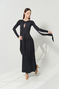 DANCE QUEEN 1187 Black Long Sleeve Keyhole Cutout Waist Ruched Flowy Sash Custom Made Ballroom Practice Dress