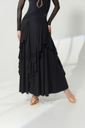 DANCE QUEEN 1196 Black High Waist Tiered Ruffle Maxi Ballroom Dance Sport Skirt