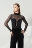 DANCE QUEEN 1217 Black Heart Velvet Trim Mesh Mock Neck Long Sleeve Dance Bodysuit Latin Ballroom Practice Wear Practice Leotard