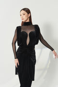 DANCE QUEEN 1213 Black Velvet Mesh High Neck Draped Velvet Shoulder Cutout Women Wear Dance Bodysuit Leotard