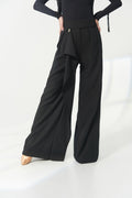DANCE QUEEN 1198 Black High Waist Pleated Asymmetrical Draped Sash Wide Leg Ballroom Practice Dancing Trouser