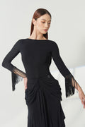 DANCE QUEEN 1214 Black Boat Neck Fringe Cuff Long Sleeve Fringe Wrist Detail Women Wear Dance Bodysuit Leotard