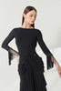 DANCE QUEEN 1214 Black Boat Neck Fringe Cuff Long Sleeve Fringe Wrist Detail Women Wear Dance Bodysuit Leotard