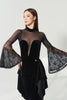 DANCE QUEEN 1212 Black Velvet Deep V Mock Neck Sheer Mesh Floral Lace Bell Sleeves Elegant Ballroom Practice Wear Dance Bodysuit Leotard