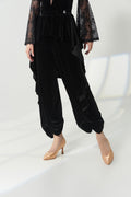 DANCE QUEEN 1175-2 lack Velvet Ruffle Waist Side Cascading Ruffle Knotted Cuff Ballroom Practice Dancing Trouser