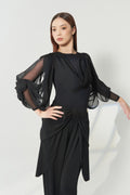 DANCE QUEEN 1207 Black Chiffon Cowl Draped Mesh Sleeve Sheer Chiffon Bubble Long Sleeve Women Wear Dance Bodysuit Leotard