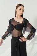 DANCE QUEEN 1188 Black Asymmetric Mesh Twist Front Ruffle Flounce Sleeve Women Wear Dance Bodysuit Leotard