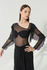 DANCE QUEEN 1188 Black Asymmetric Mesh Twist Front Ruffle Flounce Sleeve Women Wear Dance Bodysuit Leotard