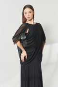 DANCE QUEEN 1200 Black Gathered Neck Sheer Chiffon Draped Loose Batwing Sleeve Cutout Side Detail Dance Overlay Ballroom Women Wear Dance Bodysuit Leotard