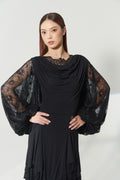 DANCE QUEEN 1128-2 Black Cowl Draped Lace Ballroom Dance Bodysuit, Floral Lace Lantern Long Sleeve Women Wear Dance Bodysuit Leotard