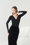DANCE QUEEN 1191 Black V-Neck Ruched Front Long Sleeve Lace Cuff Women Wear Dance Bodysuit Leotard