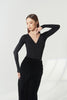 DANCE QUEEN 1191 Black V-Neck Ruched Front Long Sleeve Lace Cuff Women Wear Dance Bodysuit Leotard