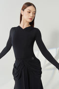 DANCE QUEEN 1203 Black Wrap V-Neck Front Cross Ruched Detail Long Sleeve Ballroom Women Wear Dance Bodysuit Leotard