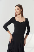 DANCE QUEEN 1190 Square Neck Lace Trim 3/4 Sleeve Women Wear Dance Bodysuit Leotard