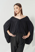 DANCE QUEEN 1205 Black Off-Shoulder Gathered Draped Cape Dance Overlay Split Flowy Draped Sleeves Women Wear Dance Bodysuit Leotard