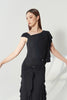 DANCE QUEEN 1195 Black Asymmetrical Ruched Shoulder One Side Draped Flutter Sleeve Women Wear Dance Bodysuit Leotard