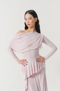 DANCE QUEEN 821-16 Light Pink Pleats Ruffle Off Shoulder Long Sleeve Ballroom Practice Dancing Leotard