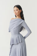 DANCE QUEEN 821-15 Light Blue Pleats Ruffle Off Shoulder Long Sleeve Ballroom Practice Dancing Leotard