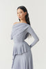 DANCE QUEEN 821-15 Light Blue Pleats Ruffle Off Shoulder Long Sleeve Ballroom Practice Dancing Leotard