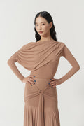 DANCE QUEEN 821-18 Skin Color Pleats Ruffle Off Shoulder Long Sleeve Ballroom Practice Dancing Leotard