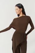 DANCE QUEEN 821-11 Brown Pleats Ruffle Off Shoulder Long Sleeve Ballroom Practice Dancing Leotard