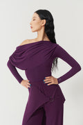 DANCE QUEEN 821-9 Dark Purple Pleats Ruffle Off Shoulder Long Sleeve Ballroom Practice Dancing Leotard