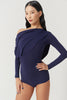 DANCE QUEEN 821-12 Navy Blue Pleats Ruffle Off Shoulder Long Sleeve Ballroom Practice Dancing Leotard