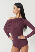 DANCE QUEEN 821-10 Grape Purple Pleats Ruffle Off Shoulder Long Sleeve Ballroom Practice Dancing Leotard